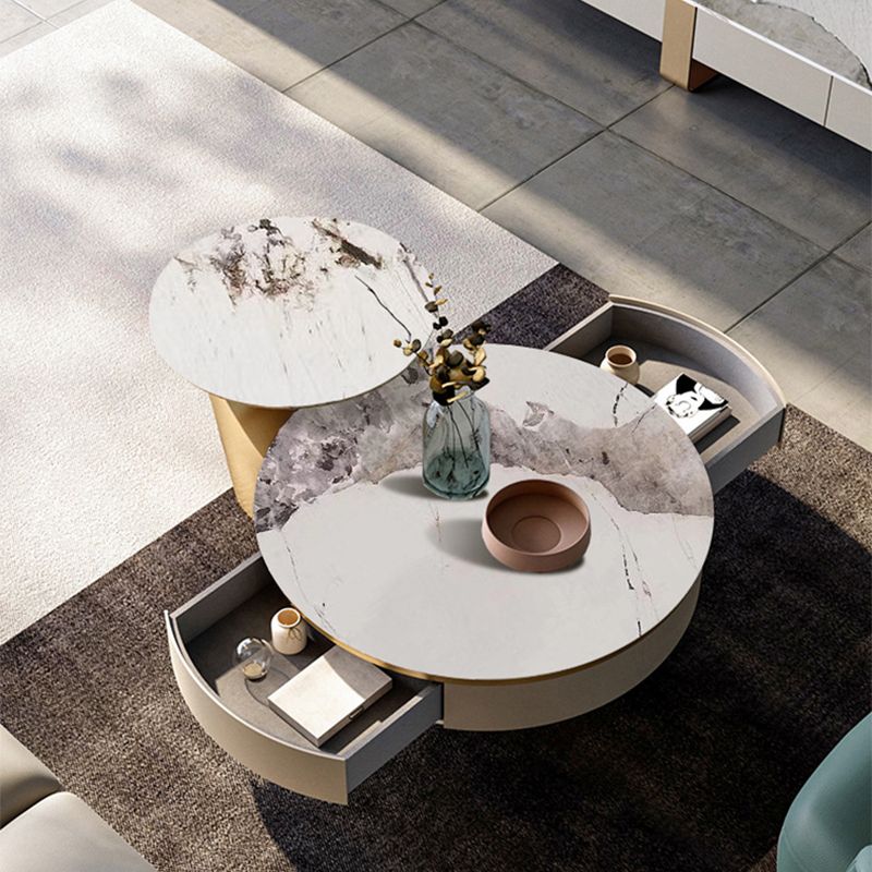 Table basse ronde sur piédestal en acier inoxydable avec dessus en ardoise gris/or