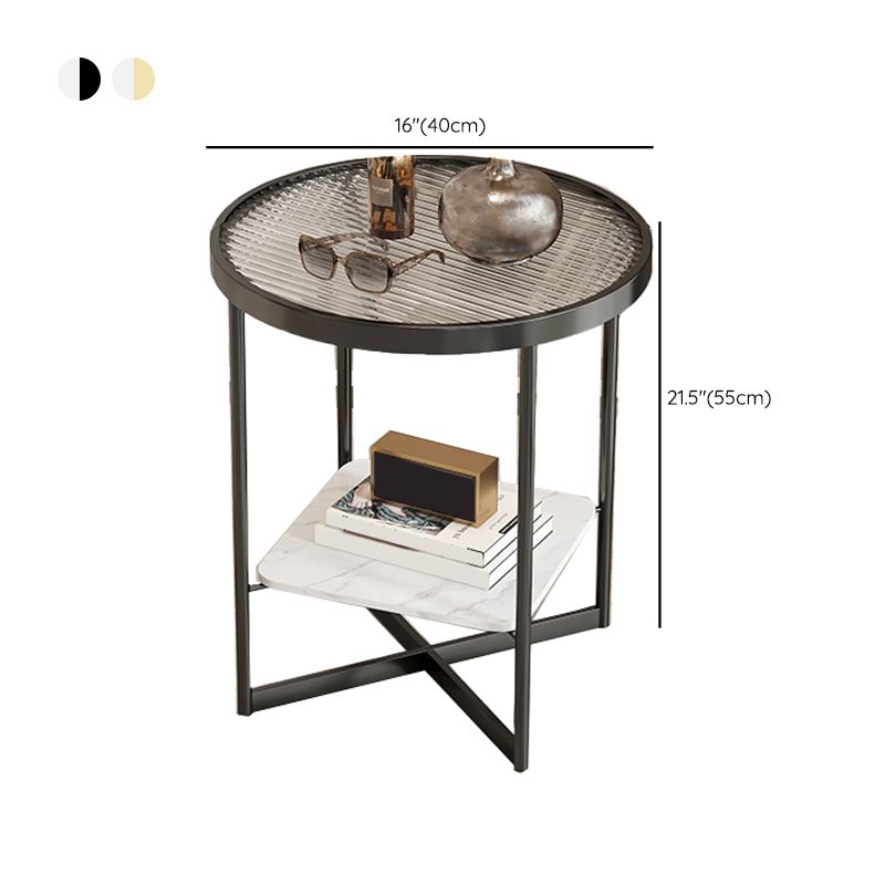 Modern Glass Side End Table Metal Cross Legs Round Corner Table