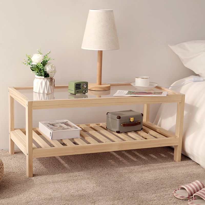 Modern Wooden Frame Coffe Table with Glass Top and Storage Shelf