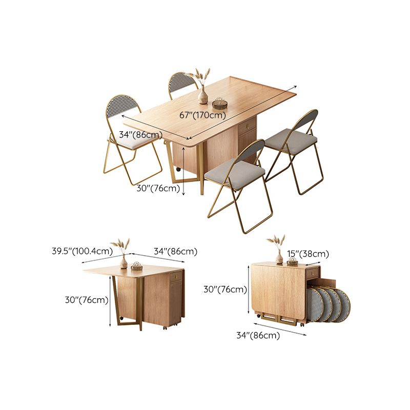 Mesa de comedor rectangular de madera natural, mesa plegable con base de almacenamiento
