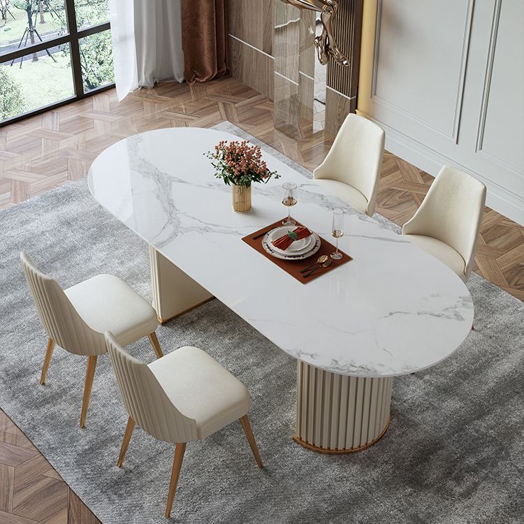 Mesa de comedor de lujo de forma ovalada Tono blanco con piedra sinterizada