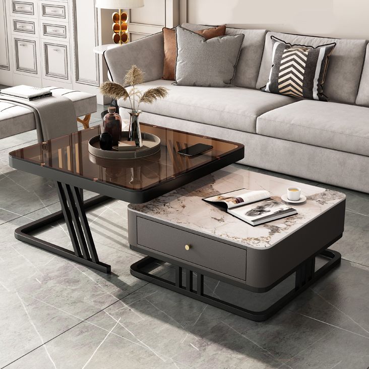 Modern Round Glass / Slate Cocktail Table Steel Frame Coffee Table with Drawer