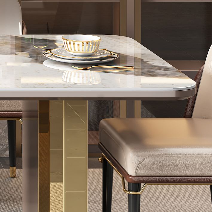 Modern Sintered Stone Table Set of 5/7 with Rectangle Table Dining Set with Gold Double Pedestal Clearhalo 'Dining Room Sets' 'Dining Tables & Seating' 'dining_room_set' 'furn' 'furn_dining_room_set' 'Furniture' 'furniture_dining_room_set' 'Kitchen & Dining Furniture' 'kitchen&dining_furn' 'kitchen' 1200x1200_99a562b7-cb63-4228-983d-a3c9cf5b91c3