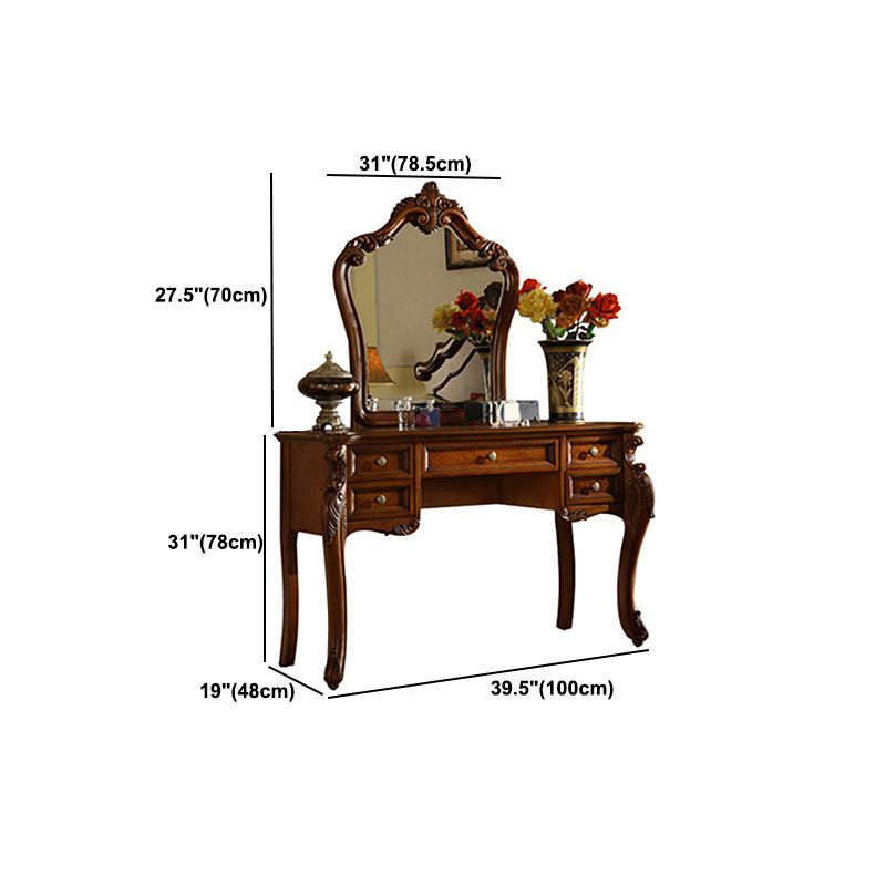 5-Drawer Solid Wood Vanity Makeup Dressing Table with Mirror & Stool in Brown