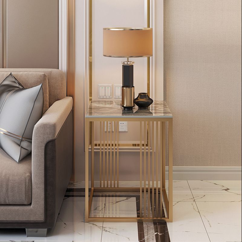 Golden Frame End Table 19.69" Tall Square Stone Sofa Side Accent Table