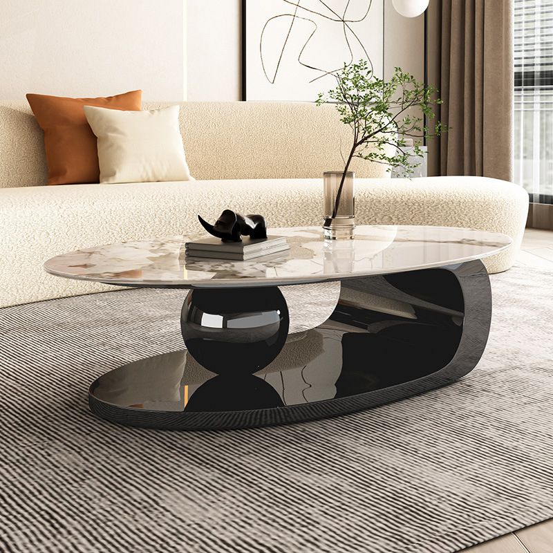 Elliptical Stone Glam Abstrakter Kaffee-Cocktailtisch mit Bodenregal