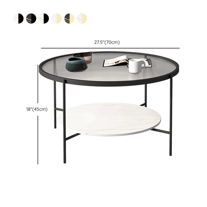 Modern Round Glass & Slate Coffee Cocktail Table with Storage Shelf