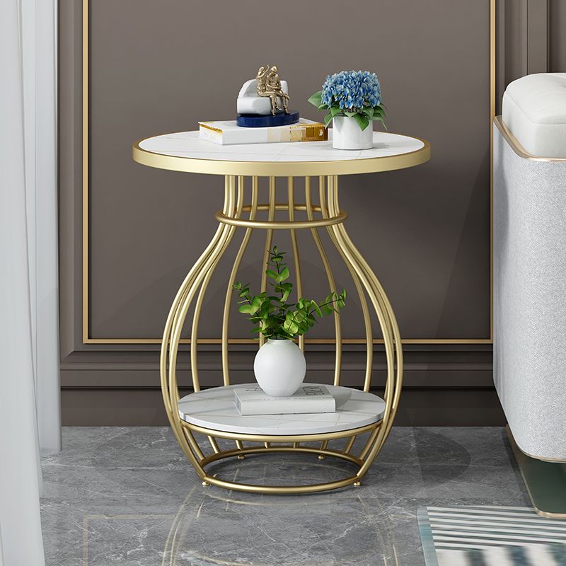 Modern Round Slate Top Side Table Steel Frame End Table with Shelf