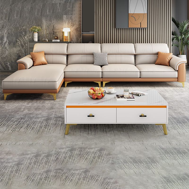 Modern Faux Leather Beige Sofa with Pillow Top Arm for Living Room Clearhalo 'furn' 'furn_sectionals' 'Furniture' 'furniture_sectionals' 'Living Room Furniture' 'Sectionals' 1200x1200_99f63da5-980c-4333-ba55-7e22abb8ae12