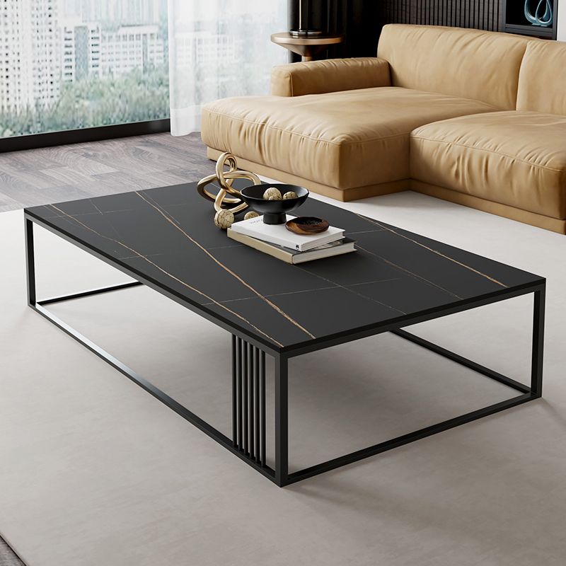 Glam Rectangle Stone Top Coffee Table with Steel Frame Base 1 Piece