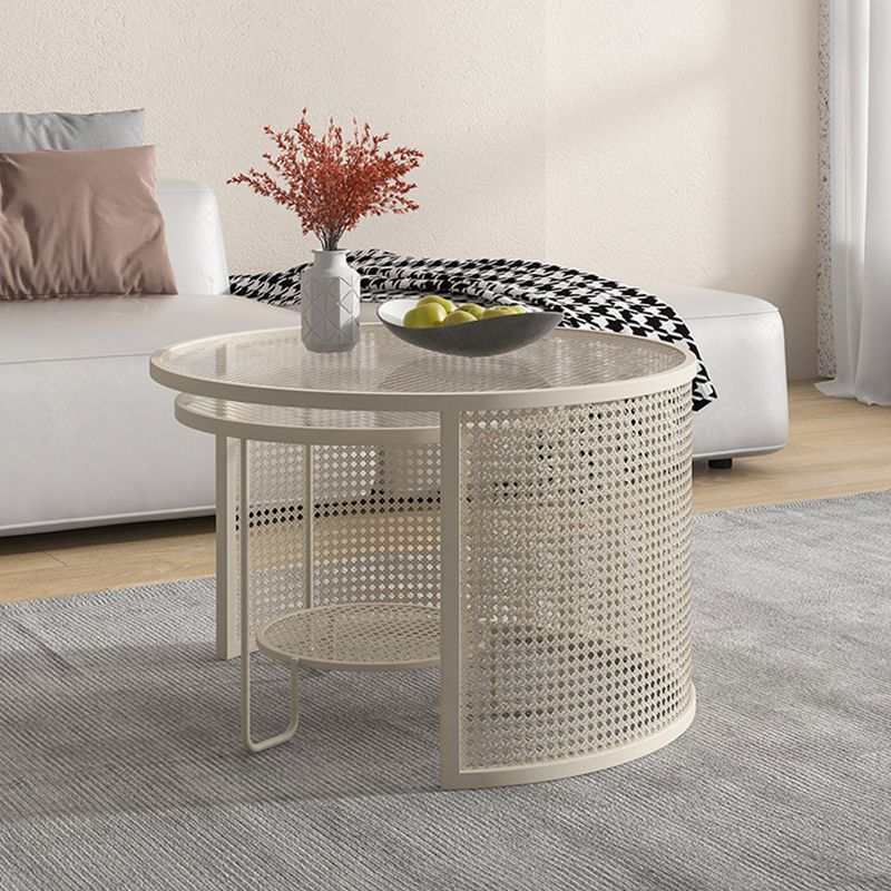 Tropical Round Frame Cocktail Table Glass Top Coffee Table Set