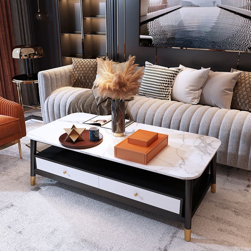 2 - Drawer and 1 - Shelf Coffee Table Rectangular Slate 4 Legs Cocktail Table Clearhalo 'Coffee & Accent Tables' 'Coffee Tables' 'coffee_tables' 'furn' 'furn_coffee_tables' 'Furniture' 'Living Room Furniture' 1200x1200_9a4cbad9-4d23-47c5-b1f9-8b29c2ac4d6c