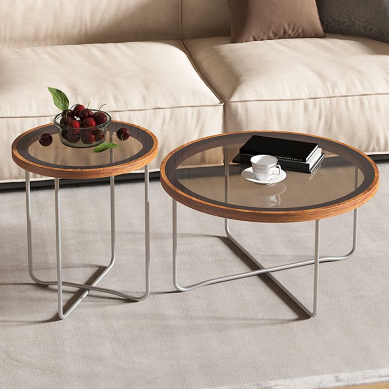 Round Glass Top Coffee Table Set Frame Cocktail Table with Wood Accent Clearhalo 'Coffee & Accent Tables' 'Coffee Tables' 'coffee_tables' 'furn' 'furn_coffee_tables' 'Furniture' 'Living Room Furniture' 1200x1200_9a65f0c8-b102-4beb-9064-68c258a9fe0d