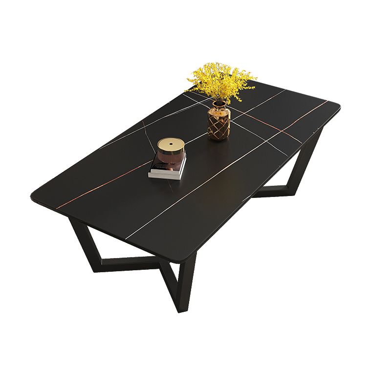 Glam Style Rectangular Slate Table with Trestle Shaped Base Design Coffee Table