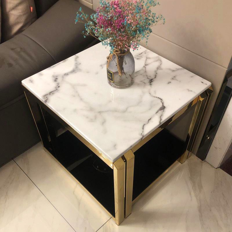 Marble Top Side Table Square Shelf Included End Table - 20.47"/22.83" H