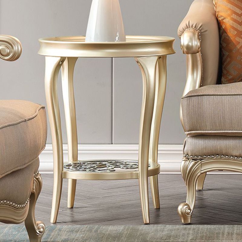 Table d'appoint en verre rond de 25,6 "de haut en bois à 4 jambes table de bout avec étagère