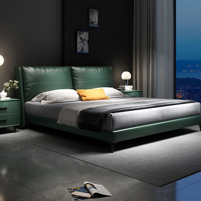 Scandinavian Wooden Panel Bed Green Genuine Leather Standard Bed Clearhalo 'Bedroom Furniture' 'Beds' 'furn' 'furn_beds' 'Furniture' 1200x1200_9aae6aa8-a7a9-477e-ae60-a06679ea2799