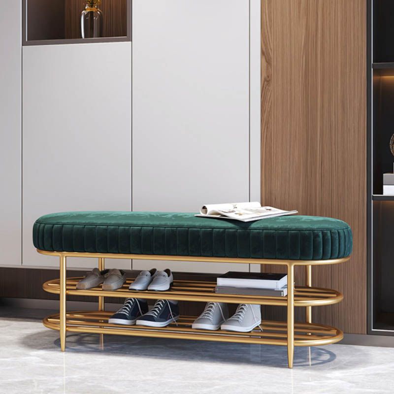 Banco de asiento de metal acolchado de entrada glamoroso con estantes, de 12.5 pulgadas de ancho