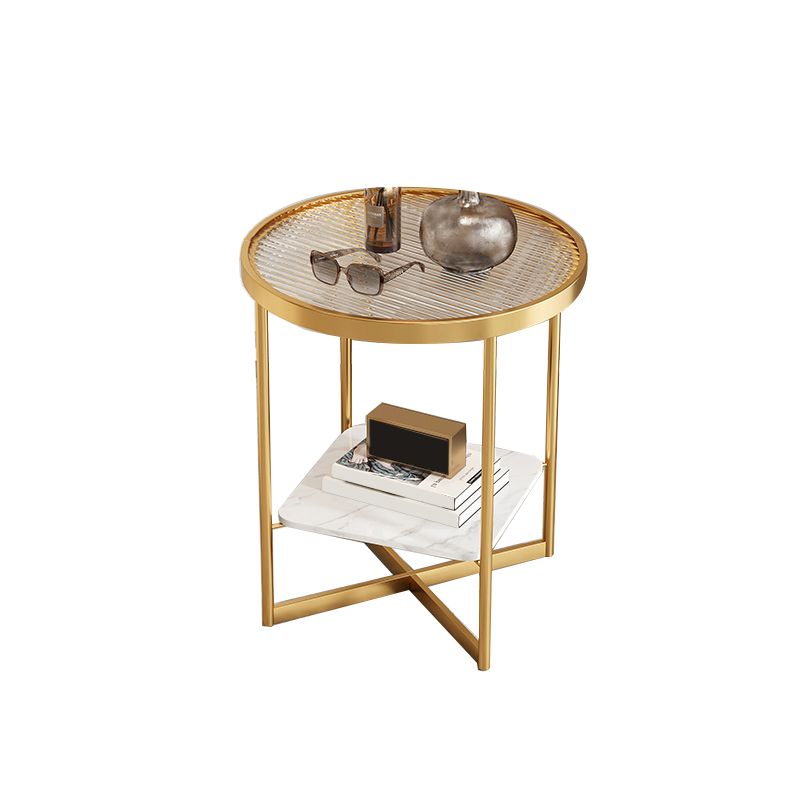Modern Glass Side End Table Metal Cross Legs Round Corner Table