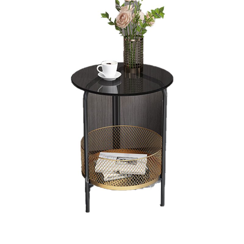 23.6" Tall Modern Round Glass Top Side Table Iron 3 Legs End Table with Storage