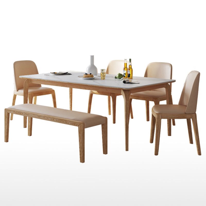 Modern White Rectangular Stone Top Dining Table with 4 Ash Legs