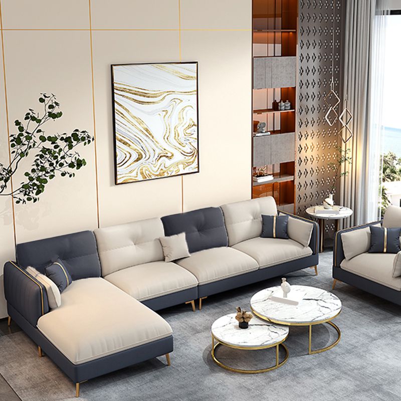 Scandinavian Stain-Resistant Faux Leather Tufted Back Beige Sofa & Chaise