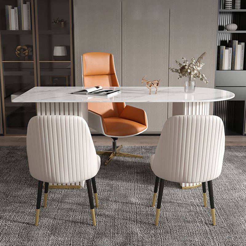 Escritorio de oficina de medio círculo de piedra Glam Stone 29.53 pulgadas de alto escritorio de escritura