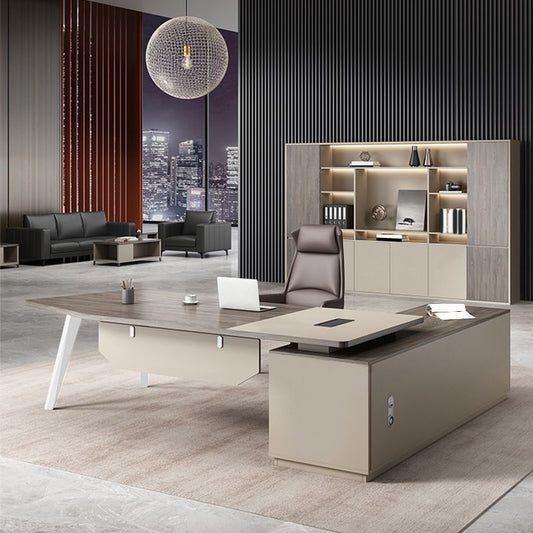 Espresso L-Shape Executive Desk Artificial Wood Office Desk Cable Management