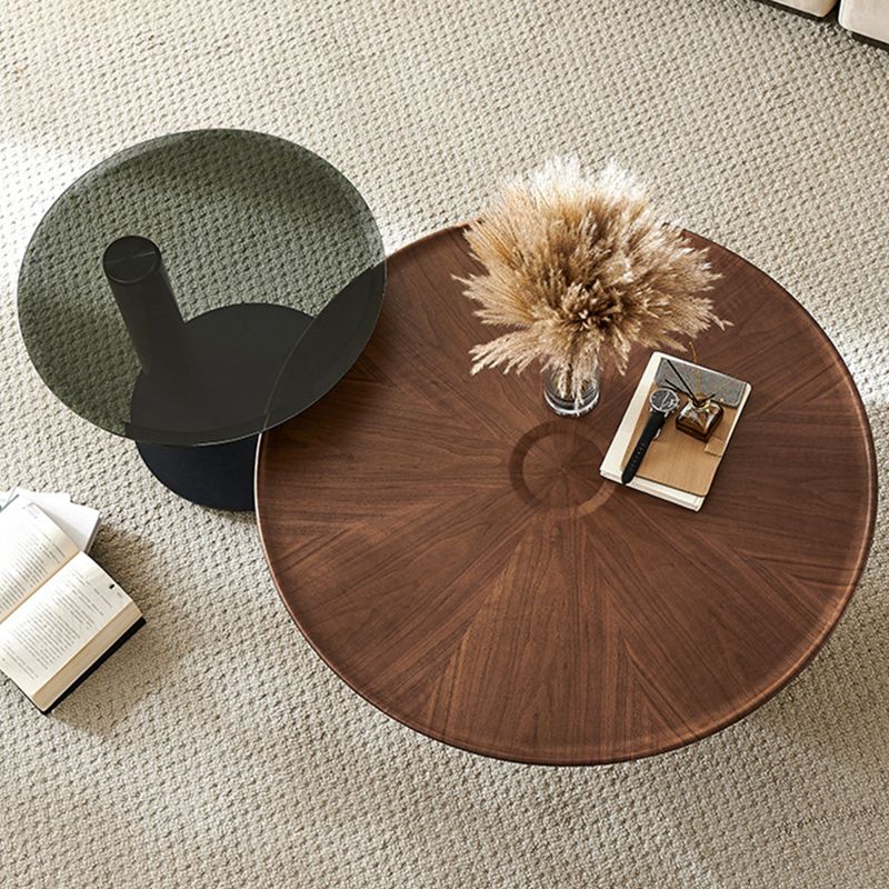 ミッドセンチュリーモダンラウンドウッド/ガラスコーヒーテーブルメタルベースアクセントテーブル