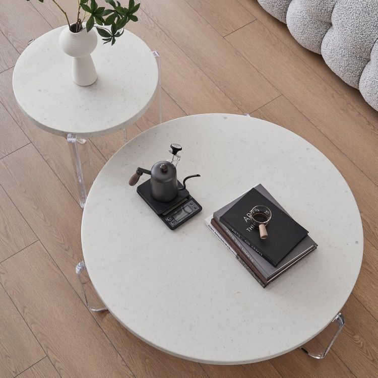 Contemporary Round Terrazzo Coffee Table in White Acrylic Legs 1 Single Cocktail Table Clearhalo 'Coffee & Accent Tables' 'Coffee Tables' 'coffee_tables' 'furn' 'furn_coffee_tables' 'Furniture' 'Living Room Furniture' 1200x1200_9b958738-f0af-41d2-b95d-a47e0b3d59d9