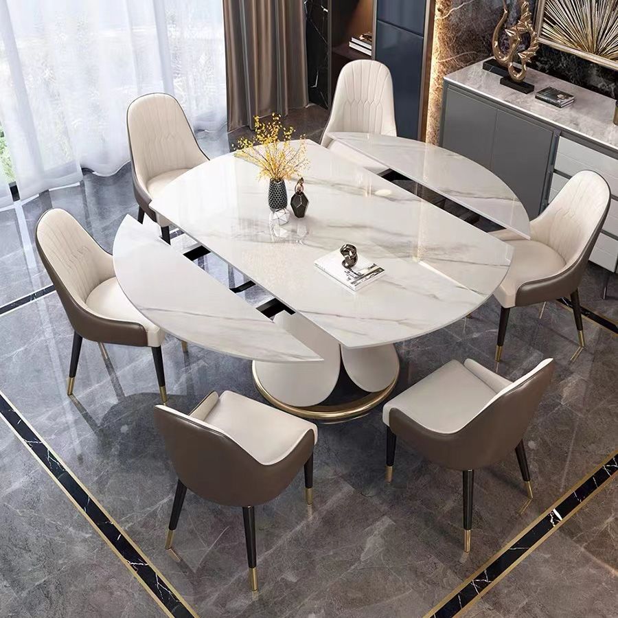 Glam Sintered Stone Extendable Table Round Shape Kitchen Dining Table with Pedestal Base Clearhalo ' dining_table' 'Dining Tables & Seating' 'Dining Tables' 'furn' 'furn_dining_table' 'Furniture' 'furniture_dining_table' 'Kitchen & Dining Furniture' 'kitchen&dining_furn' 'kitchen' 'kitchen_dining_table' 1200x1200_9ba42072-92e5-466c-91db-0681e1214f35