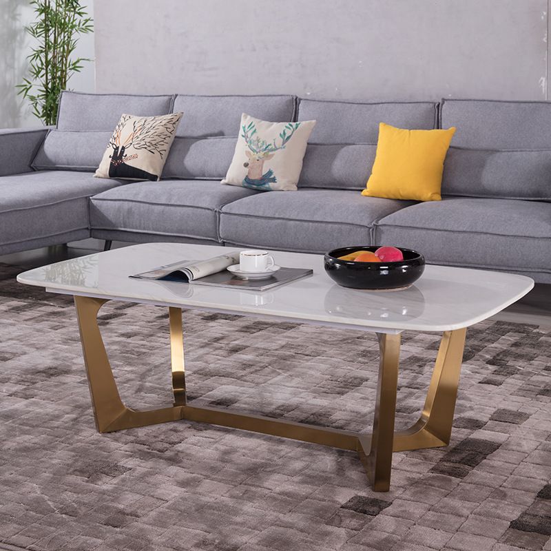 White Marble Top Coffee Table with Golden Steel Trestle Base