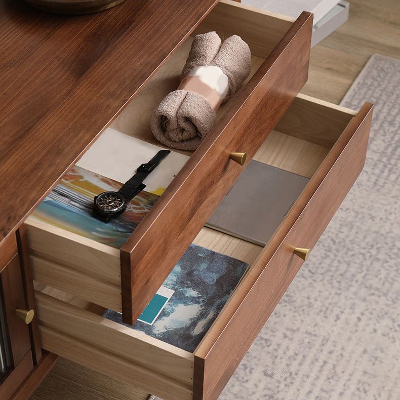 Consola de TV nórdica de madera maciza con 2 cajones y almacenamiento deslizante
