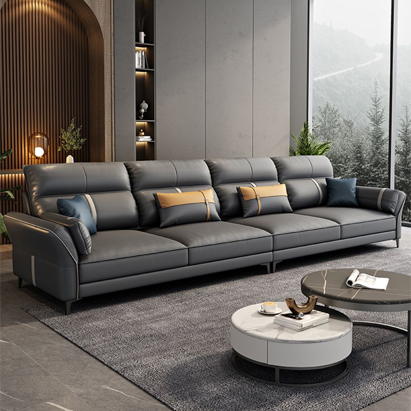 Contemporary Dark Gray Sofa Faux Leather Stain-Resistant Sectional with Pillow Top Arm Clearhalo 'furn' 'furn_sectionals' 'Furniture' 'furniture_sectionals' 'Living Room Furniture' 'Sectionals' 1200x1200_9c00c975-4f4f-417c-9950-78a081e94273