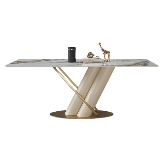 Mesa de comedor rectangular mesa de lujo tradicional con base de acero inoxidable