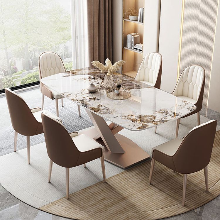 Rectangular Luxury White Stone Top Dining Table with Metal Pedestal Clearhalo 'Dining Tables & Seating' 'Dining Tables' 'dining_table' 'furn' 'furn_dining_table' 'Furniture' 'Kitchen & Dining Furniture' 1200x1200_9c2466b4-e5ed-41ac-9b3d-6a9a3066c279
