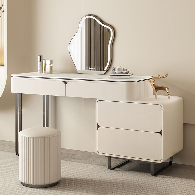 Contemporary Beige Makeup Vanity Desk with Drawers and Wooden Top