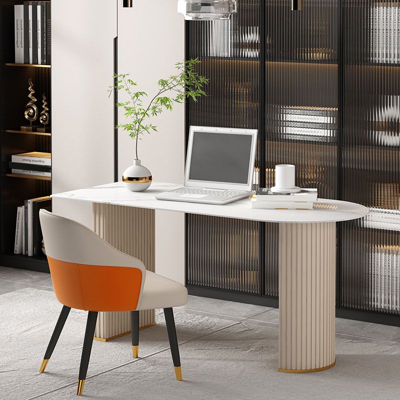 Glam Beige Office Desk 23.6" Wide Stone and Metal Writing Desk Clearhalo 'furn' 'furn_office_desk' 'Furniture' 'Office Desks' 'Office Furniture' 'office_desk' 1200x1200_9c4f890d-09e0-4165-b04c-6cab0e929271