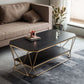 Luxe salontafel met stenen blad, cocktailtafel met metalen frame en plank