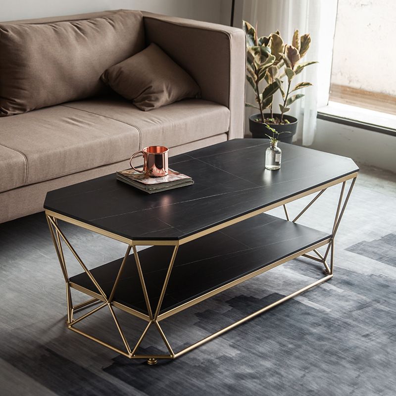 Luxe salontafel met stenen blad, cocktailtafel met metalen frame en plank