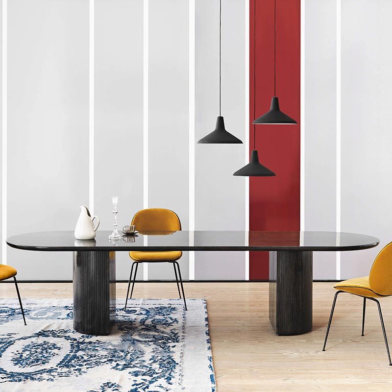 Mesa de comedor de madera maciza ovalada muebles negros modernos con doble pedestal para apartamento