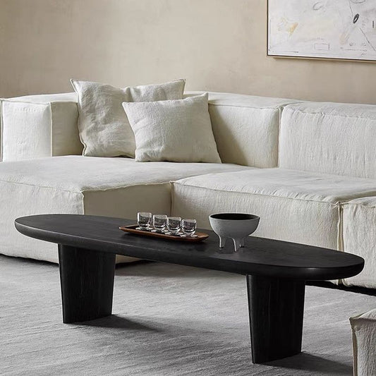 Modern Black Solid Wood Coffee Table with Wooden Base Bunching Tables