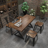 Mesa de comedor rectangular de madera maciza de estilo industrial con patas de hierro de pedestal doble