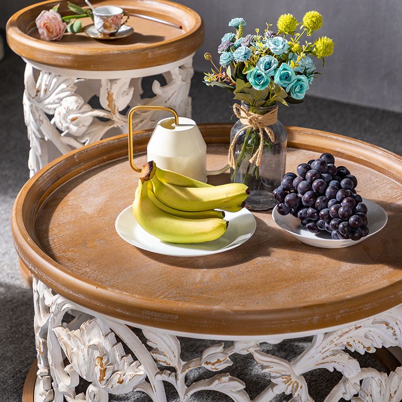 アイアンドラムエンドテーブルラウンドウッドトレイトップサイドエンドテーブル - 苦しめられた表面処理