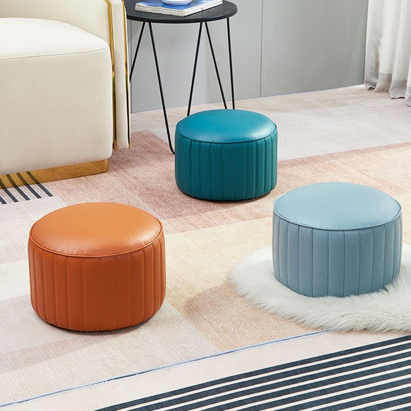 Contemporary Pouf Ottoman Faux Leather Upholstered Solid Color Round Ottoman