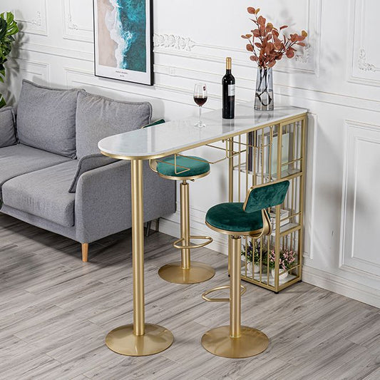 Glam Faux Marble Indoor Bar Dining Table Iron Double Pedestal Bistro Table with Shelve Clearhalo 'Bar Furniture' 'Bar Tables' 'bar_tables' 'Furniture' 'furniture_bar_tables' 'Kitchen & Dining Furniture' 'kitchen&dining_furn' 'kitchen' 1200x1200_9cb6ae1a-1f35-4fd8-a12b-8d9a63e4e4c8