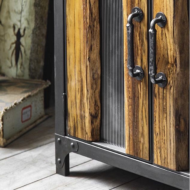 Metal & Wood Accent Cabinet Industrial Style Glass Paned Storage Cabinet