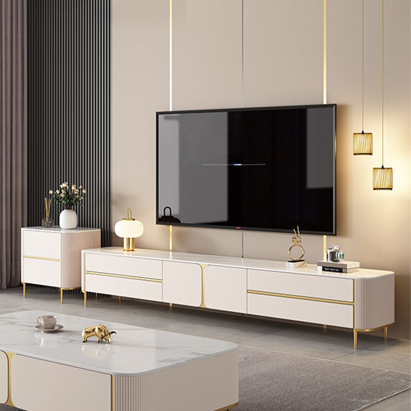 Glam Stone TV Media Stand Enclosed Storage White TV Stand with Drawers