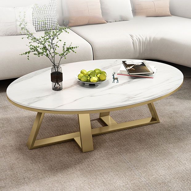 Metal Cross Legs Cocktail Table Luxurious Oval Stone Top Coffee Table Clearhalo 'Coffee & Accent Tables' 'Coffee Tables' 'coffee_tables' 'furn' 'furn_coffee_tables' 'Furniture' 'Living Room Furniture' 1200x1200_9d00a4fc-8b65-4f60-893b-ecd0244a0d0f