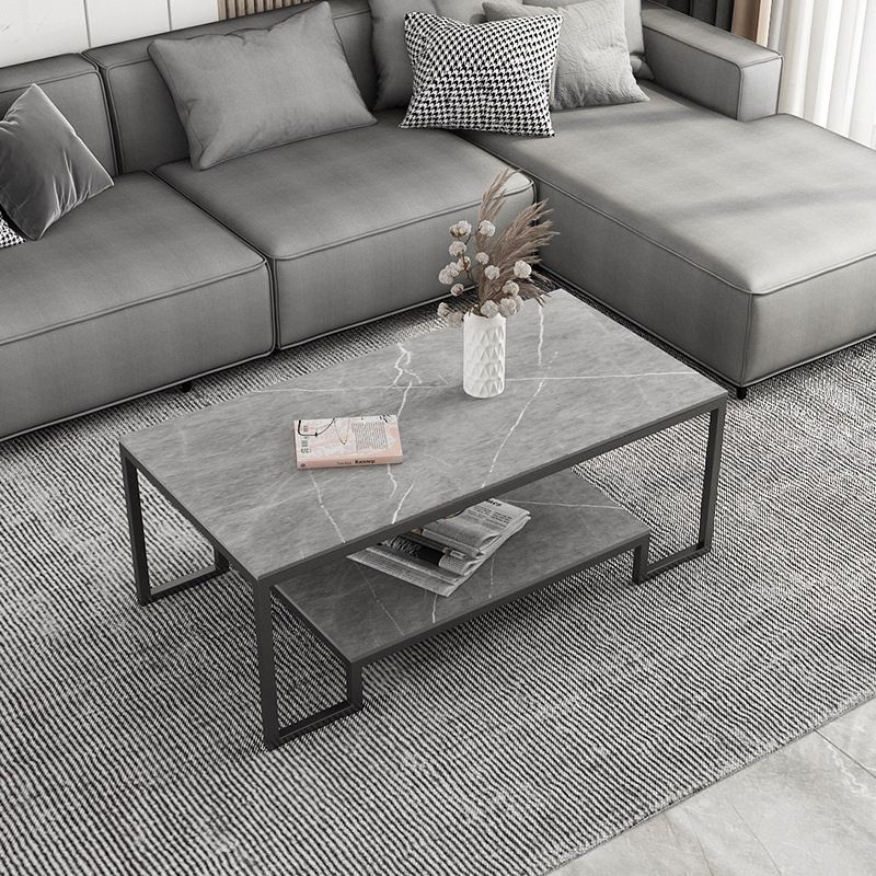 Contemporary Cocktail Table with Stone Top and Iron Base and Shelf